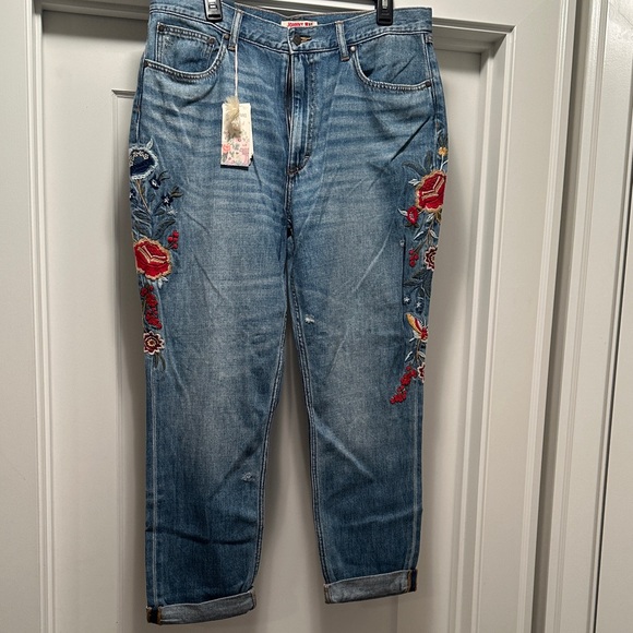 Johnny Was Blue Boyfriend Jeans with Floral Embroidery